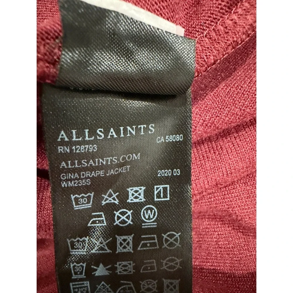 AllSaints Gina Drape Jacket Burgundy Oxblood Drawstring Waist Zip Pockets